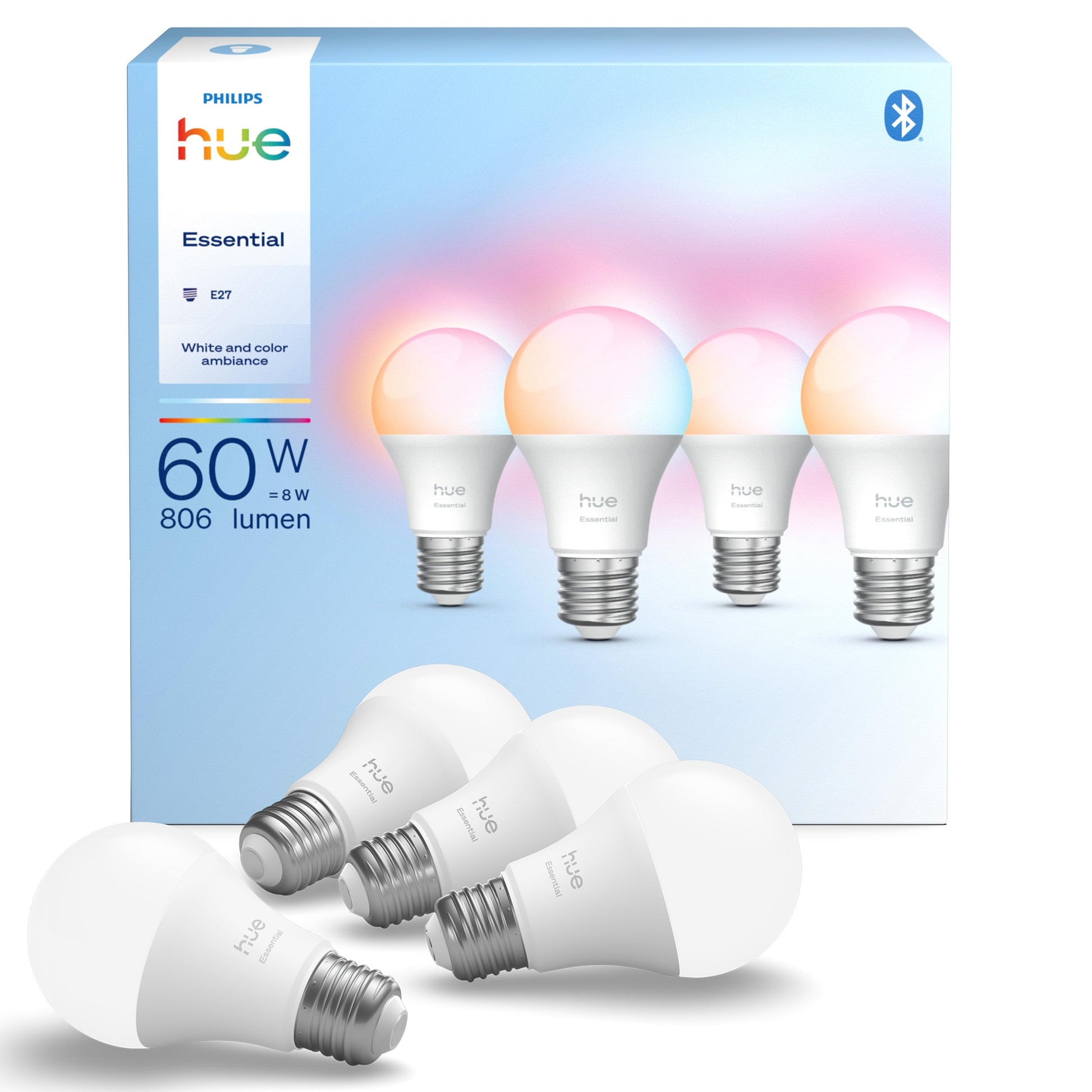 Philips Hue Essential LED Lampe A60 E27, weiss und farbig, 4er Pack, Leuchtmittel in Birnenform