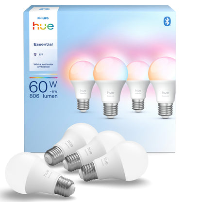 Philips Hue Essential LED Lampe A60 E27, weiss und farbig, 4er Pack, Leuchtmittel in Birnenform