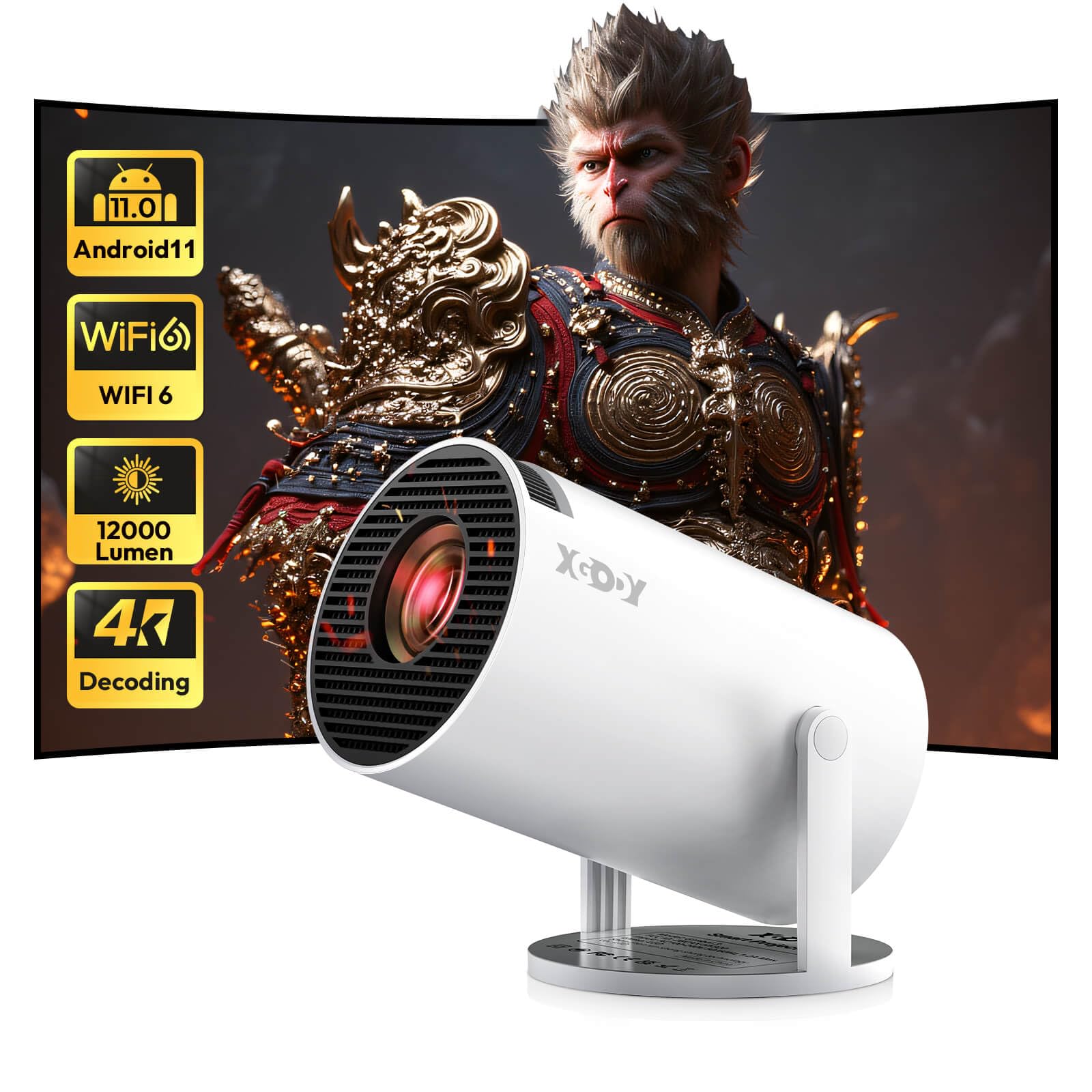 Xgody Gimbal 3 New Tragbarer Projektor 720p HD Android 11 - Weiss. Kompakter DLP für flexible Projektion von Medien.