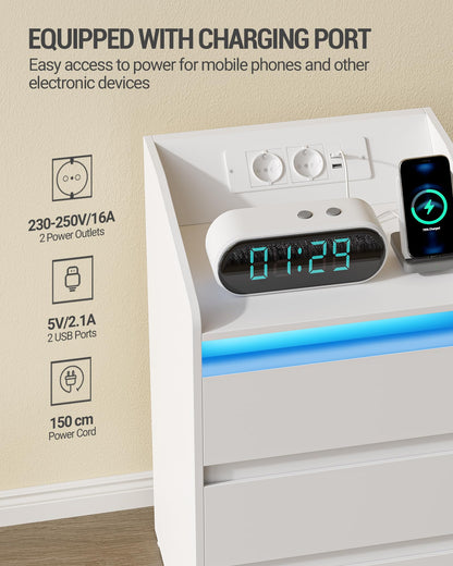 Hzuaneri Nachttisch NS40003X - 3 Schubladen, Ladestation, LED, Weiss