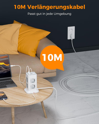 TESSAN Steckdosenturm 8-fach, USB-C, Überspannungsschutz, 10 m Kabel