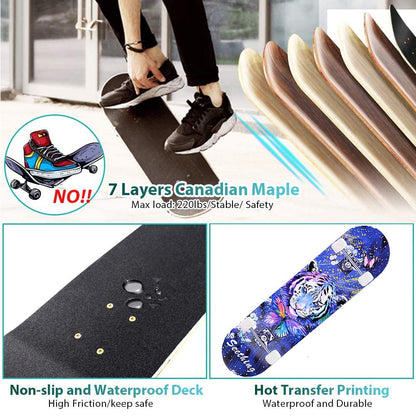 CLYCTIP Skateboard Komplettboard 31 x 8 Zoll, Ahorn Double Kick