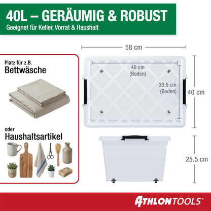 ATHLON TOOLS Aufbewahrungsboxen 40 L mit Deckel, transparent, 4er-Set