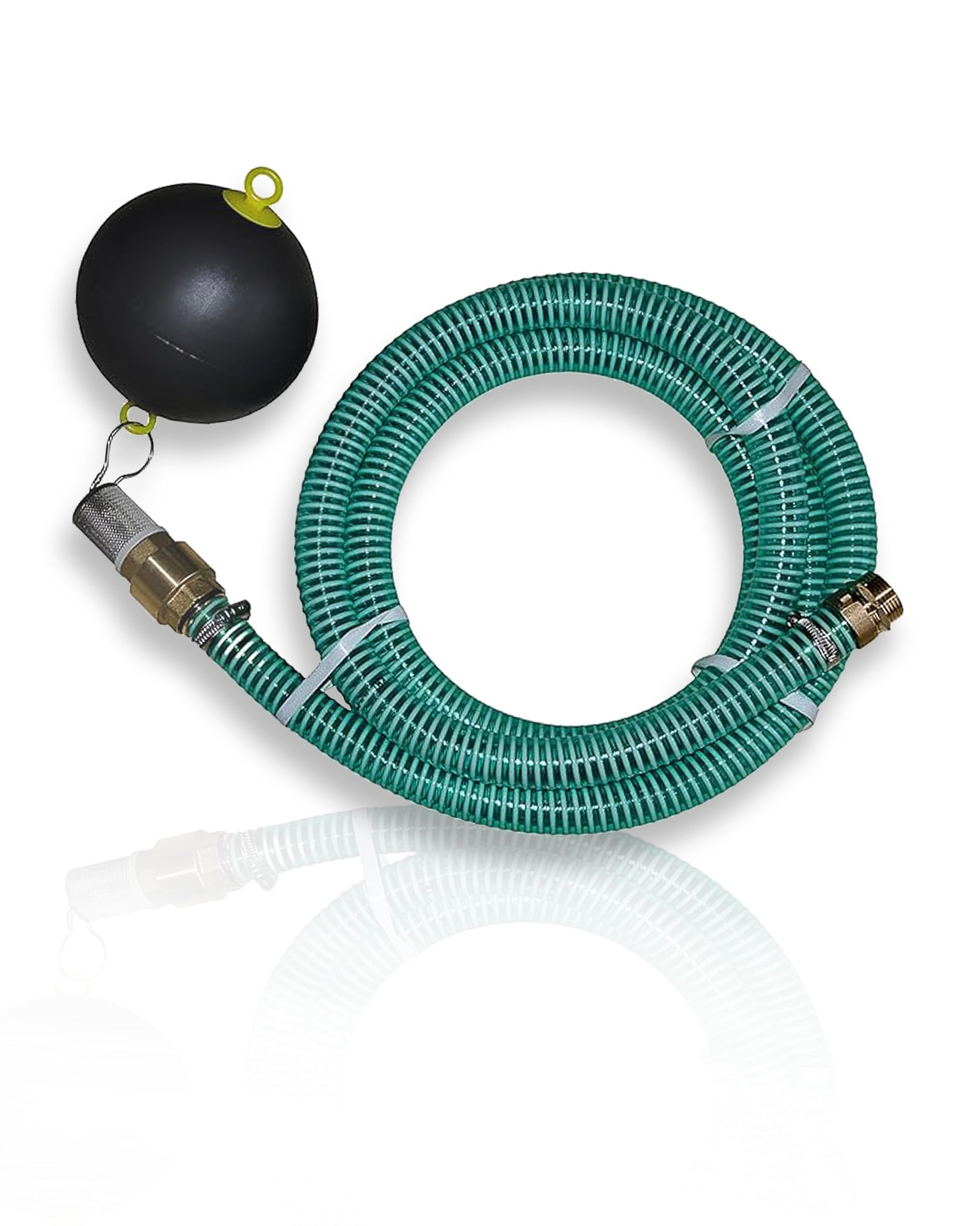 Saugschlauchgarnitur schwimmende Entnahme 1 Zoll NW 25mm – 19m. Dunkler Schlauch mit Schwimmkörper/Filter. Saugt Wasser aus Zisternen/Teichen.