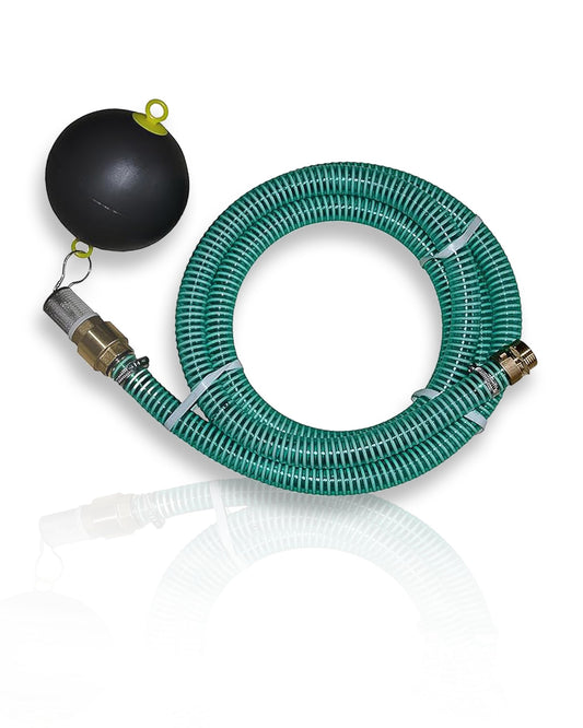 Saugschlauchgarnitur schwimmende Entnahme 1 Zoll NW 25mm – 19m. Dunkler Schlauch mit Schwimmkörper/Filter. Saugt Wasser aus Zisternen/Teichen.