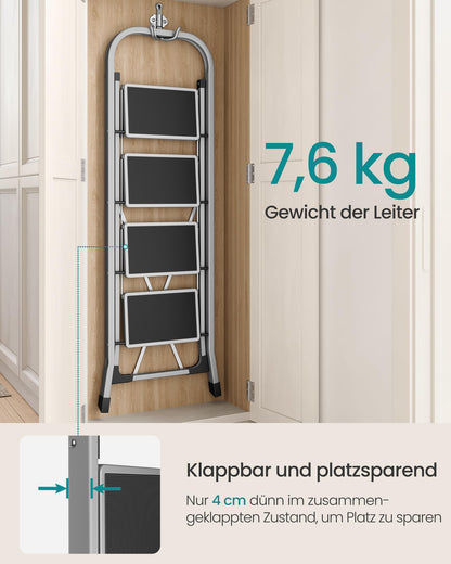SONGMICS Trittleiter 4 Stufen, Klapptritt bis 150 kg, Taubengrau