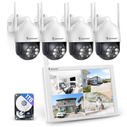 Jennov Überwachungskamera Set mit 10-Zoll-Monitor, 4x 5MP PTZ WLAN und NVR-Rekorder