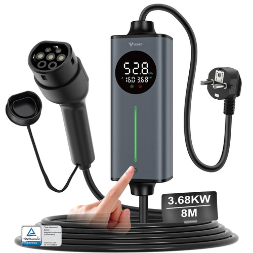 GONEO Ladekabel Typ 2 Schuko 8m 16A 3,68kW mobile Ladestation mit LED-Display und Steuerbox