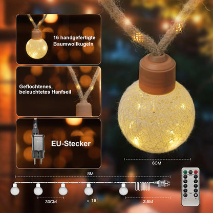 Ciskotu LED Lichterkette Baumwollkugeln, 8 m, 16 Kugeln, dimmbar