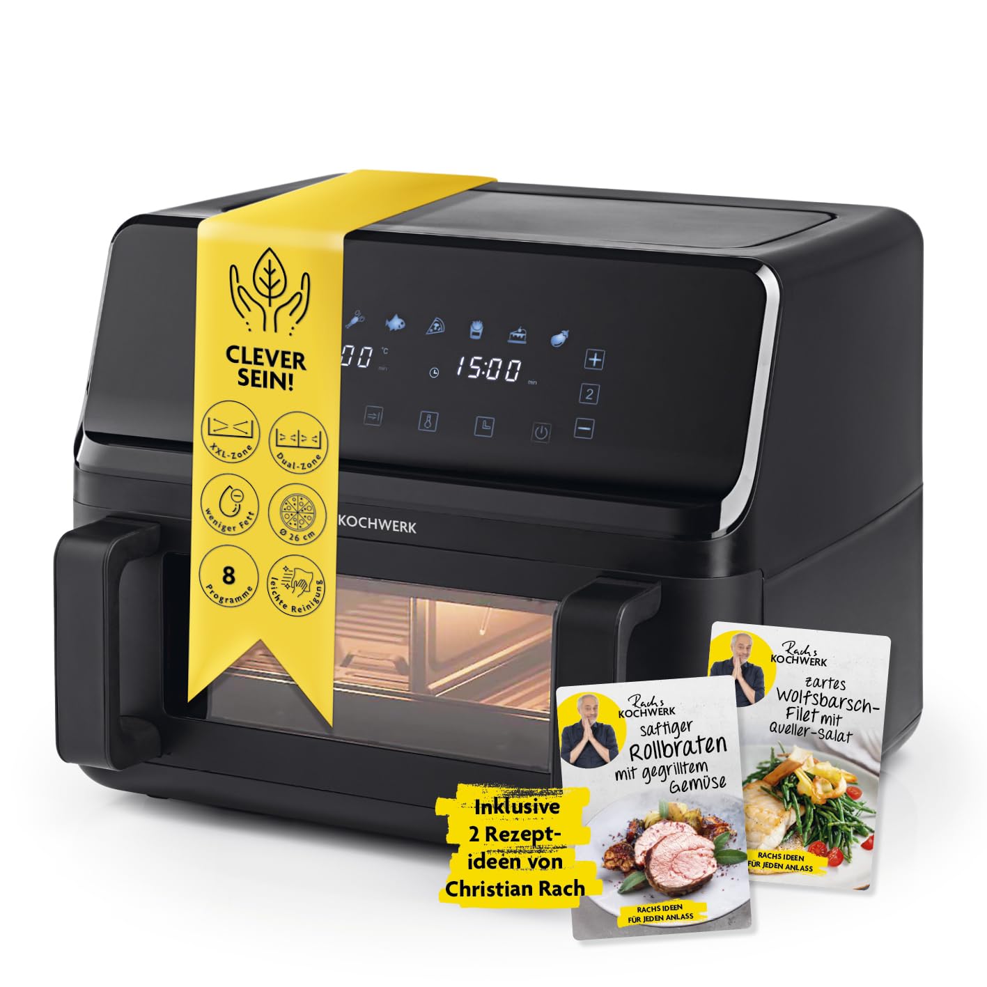 Rachs KOCHWERK Vario-Doppelkammer Heissluftfritteuse 9 L. Schwarz, rechteckig, Display. Heissluftfrittiert fettarm, knusprig.