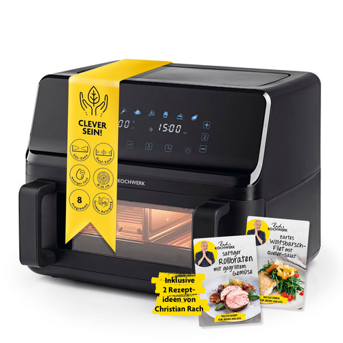 Rachs KOCHWERK Vario-Doppelkammer Heissluftfritteuse 9 L. Schwarz, rechteckig, Display. Heissluftfrittiert fettarm, knusprig.
