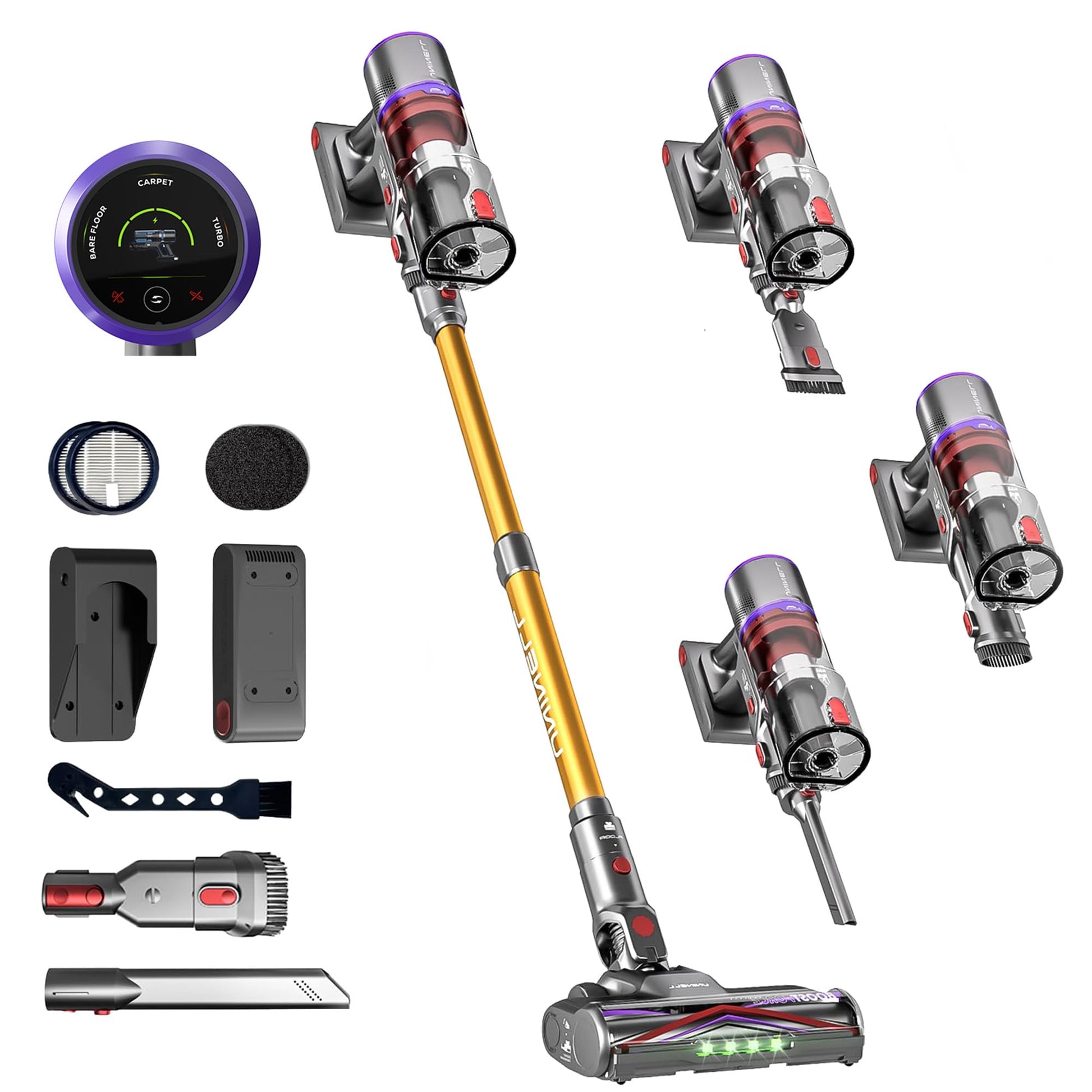 UNINELL HOME UV5 Akku-Staubsauger kabellos mit LED-Touchscreen, Bodendüse mit LED-Beleuchtung, selbststehend