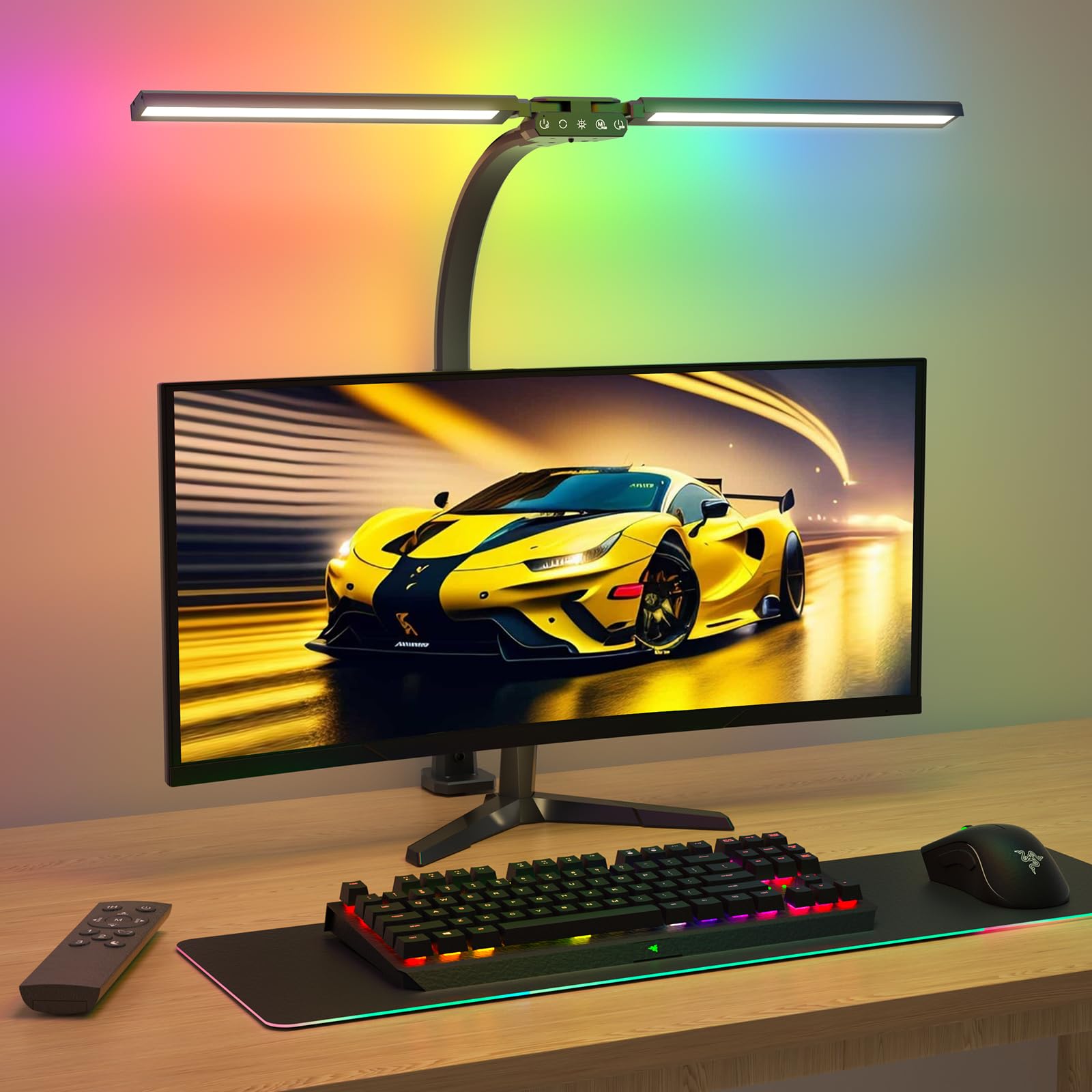 SIBRILLE RGB Doppelkopf Schreibtischlampe LED dimmbar 80cm. Lange Doppelkopf-Leuchte. Bietet dimmbare RGB-Beleuchtung für den Arbeitsplatz.