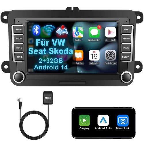 Lehwey 2DIN Autoradio Android 14 DAB+ Carplay 7 Zoll Display