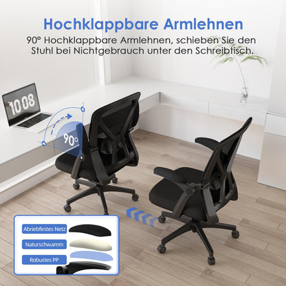 Hinonde Bürostuhl – Ergonomisch, Netzstoff, klappbare Armlehnen