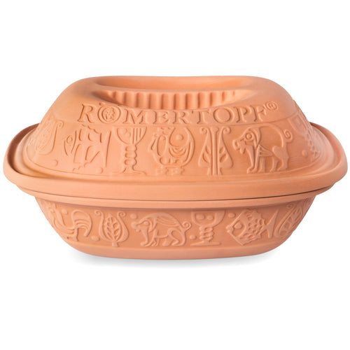 Römertopf Klassiker Bräter Dampfgarer aus Naturton – 3 Liter. Ovaler Bräter aus rötlich-braunem Naturton für schonendes Garen im Backofen.
