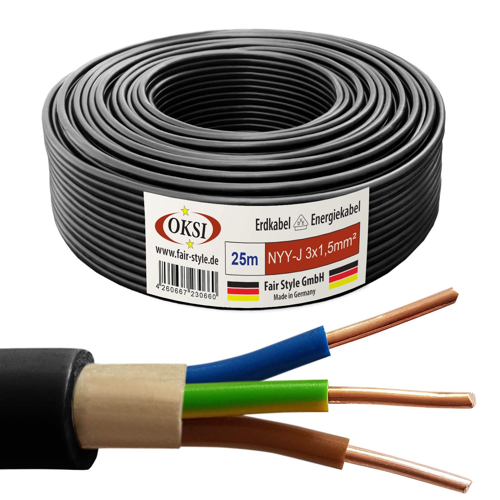 OKSI Erdkabel NYY-J 3x1,5 mm² 25 m Kupfer Elektrokabel Schwarz, schwarzes Kabel auf Rolle