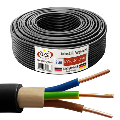 OKSI Erdkabel NYY-J 3x1,5 mm² 25 m Kupfer Elektrokabel Schwarz, schwarzes Kabel auf Rolle