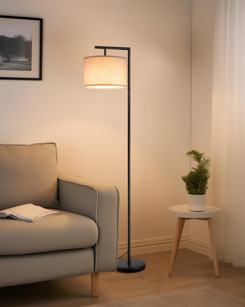EDISHINE Bogenlampe Stehlampe, 160 cm, Leinenschirm, E27 LED, schwarz – Metallfuss, beiger Trommelschirm