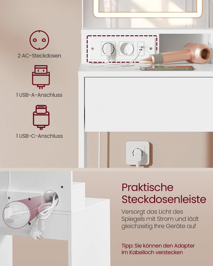 VASAGLE Kailyn Schminktisch mit LED-Spiegel & Steckdosenleiste – Weiss