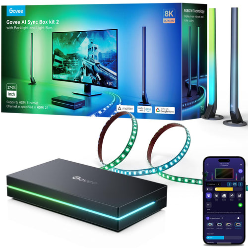 Govee HDMI 2.1 Sync Box Kit 2 - LED Set für 27-34 Zoll Monitore. Schwarze Box mit LED-Streifen, synchronisiert Licht mit Bildschirminhalt.