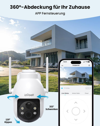 ieGeek 2K Überwachungskamera Aussen Solar mit 360° PTZ und Akku
