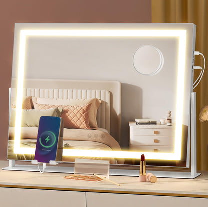 SONGMICS Schminkspiegel mit Beleuchtung, 15 LED, 58 x 43 cm, LWM002W02, mattweiss, Stahlsockel
