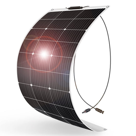 DOKIO 100W Flexibles Solarmodul - Monokristallin 12V, rechteckig, schwarz. Erzeugt 12V-Strom für mobile Anwendungen.