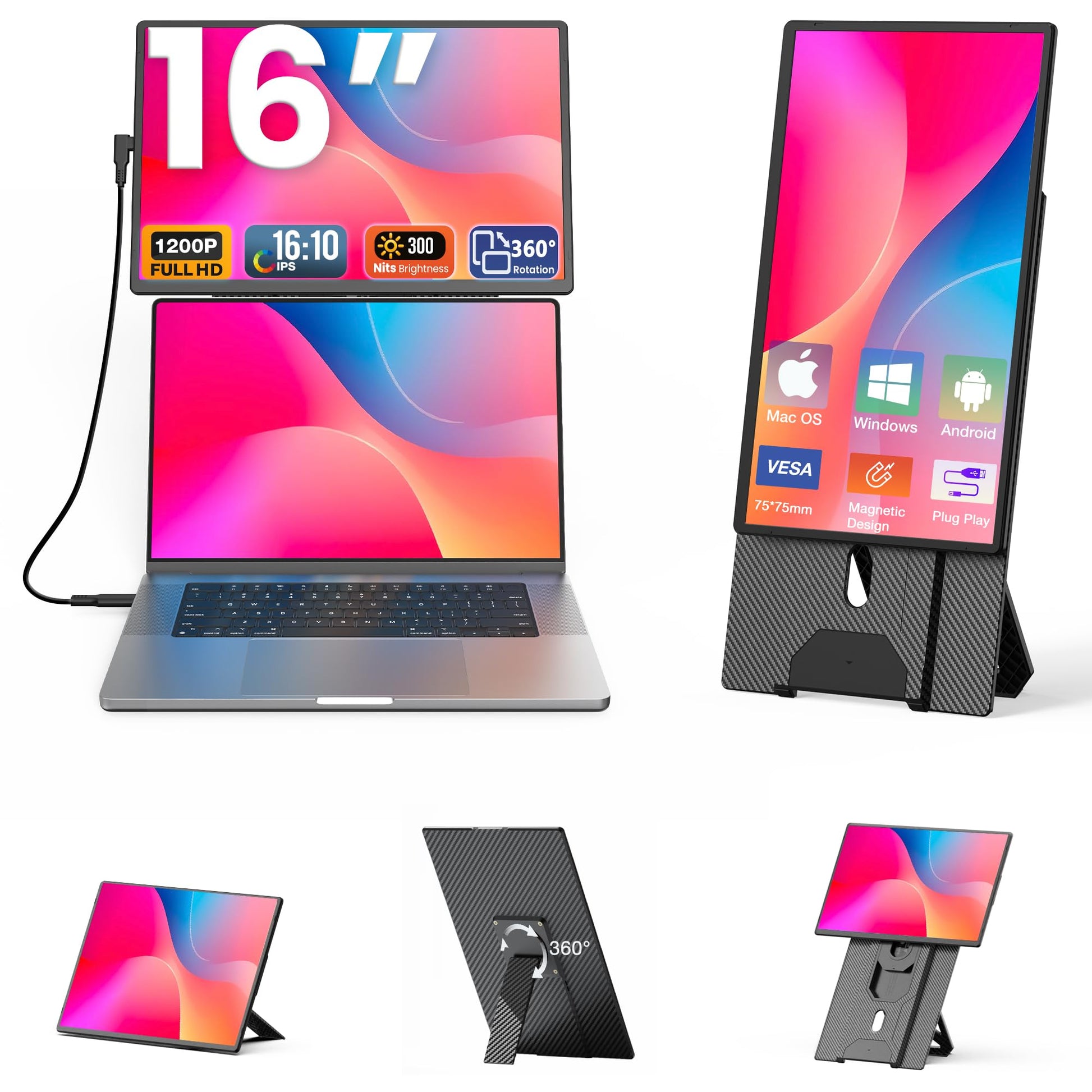 Kwumsy Laptop Erweiterungsmonitor 16 Zoll – 1200P. Schwarzer, rechteckiger Bildschirm. Erweitert den Laptop-Bildschirm für mehr Arbeitsfläche.