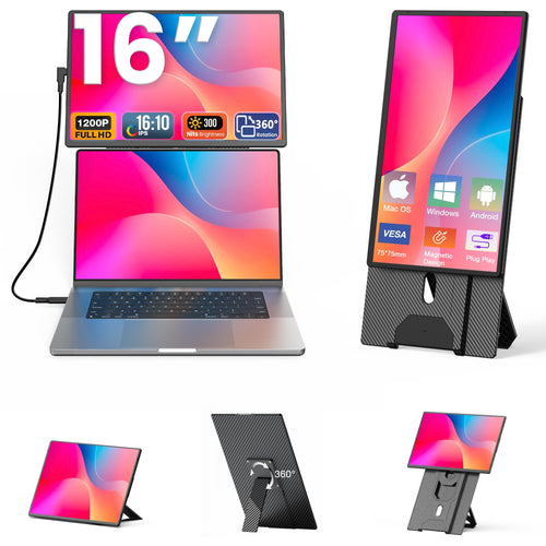Kwumsy Laptop Erweiterungsmonitor 16 Zoll – 1200P. Schwarzer, rechteckiger Bildschirm. Erweitert den Laptop-Bildschirm für mehr Arbeitsfläche.