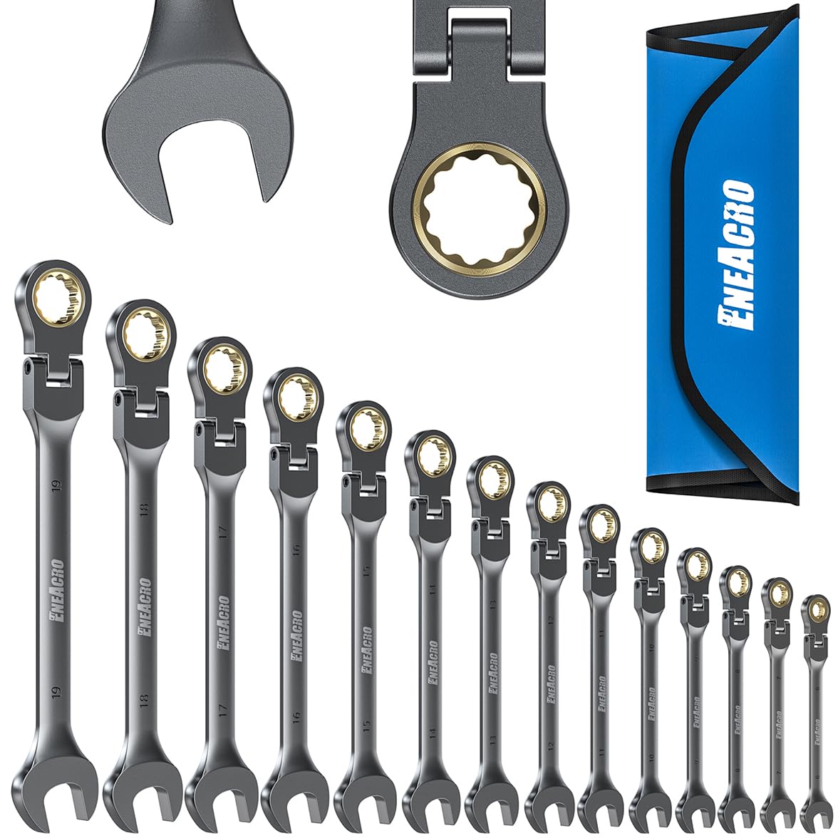 ENEACRO Gelenk-Ratschenschlüssel Set 14tlg. 6-19mm Flex-Kopf. Metallisches Set schlanker Schlüssel mit flexiblem Kopf. Zum effizienten Lösen und Anziehen von Schrauben in engen Arbeitsbereichen.