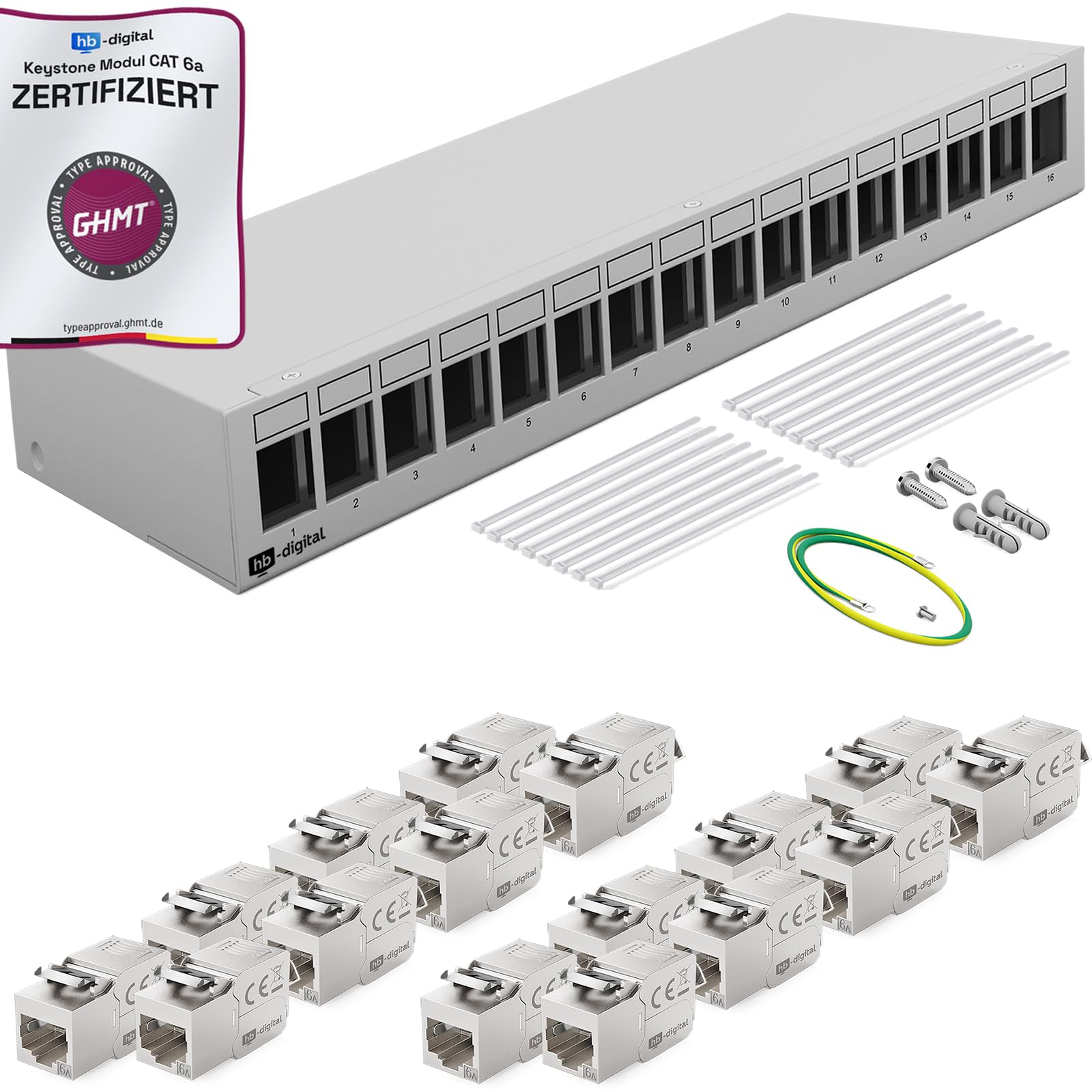 HB-DIGITAL 16-Port CAT 6a Keystone Patchpanel STP 1 HE Hellgrau. Hellgraues 1 HE Rackpanel für 16 CAT 6a STP Kabel.