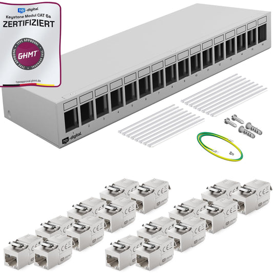 HB-DIGITAL 16-Port CAT 6a Keystone Patchpanel STP 1 HE Hellgrau. Hellgraues 1 HE Rackpanel für 16 CAT 6a STP Kabel.