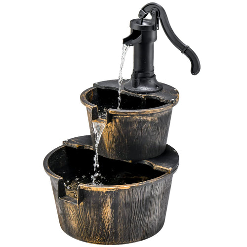COSTWAY Gartenbrunnen Fassbrunnen mit Pumpe, 2-stufig, Antikbronze, PP-Fassdesign mit dekorativer Handpumpe