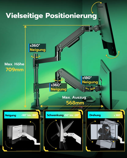 ARES WING Dual Monitorhalterung Übereinander, Gasfeder & USB-Port