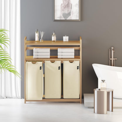 AdelDream Wäschesortierer 150 l mit 3 Fächern, Bambusrahmen, Beige