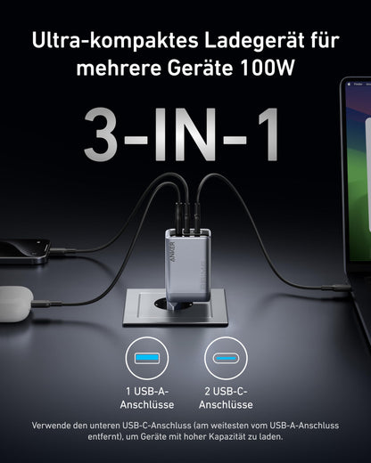 Anker Prime 100W GaN USB-C Wandladegerät - 3 Port, faltbar