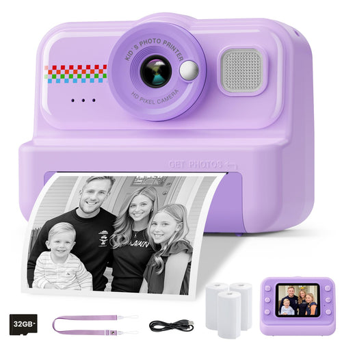 HiMont Kinderkamera Sofortbildkamera KC02 mit 32GB Karte, Violett mit 2,4-Zoll-Bildschirm