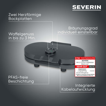SEVERIN Duo-Waffeleisen Black Line WA 2119, Herzwaffeln, schwarz-matt