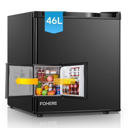 FOHERE Mini-Kühlschrank 46 L mit Eisfach, wechselbarer Türanschlag – kompakt, schwarz