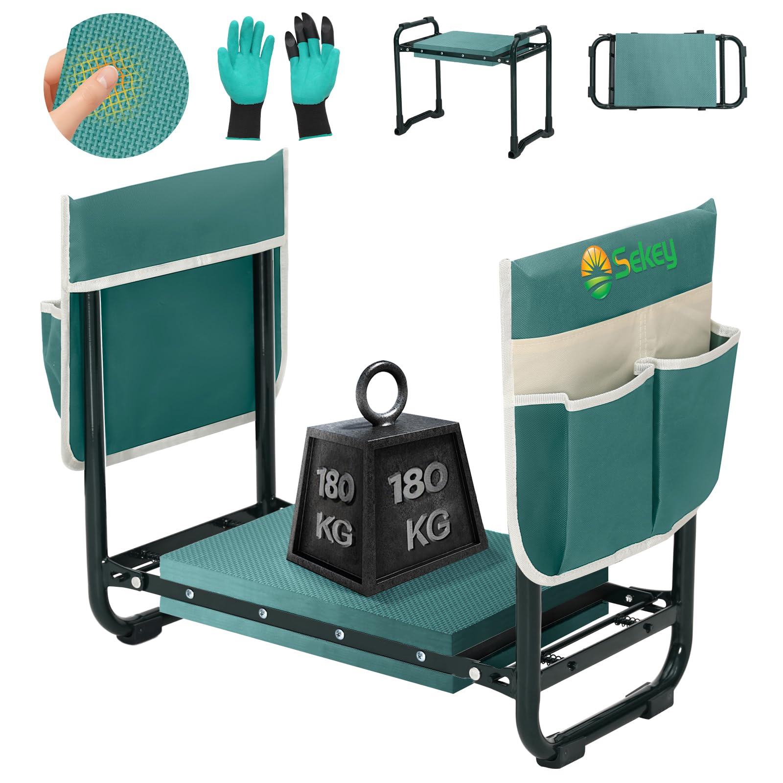 Sekey Kniebank Gartenhocker klappbar mit Werkzeugtaschen, grün, gepolsterte EVA-Knie- und Sitzfläche
