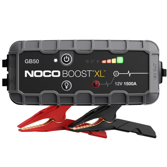 NOCO Boost GB50 Tragbare Starthilfe Powerbank – 1500A. Schwarzes Gerät. 1500A Starthilfe für 12V-Fahrzeuge, lädt Mobilgeräte. 