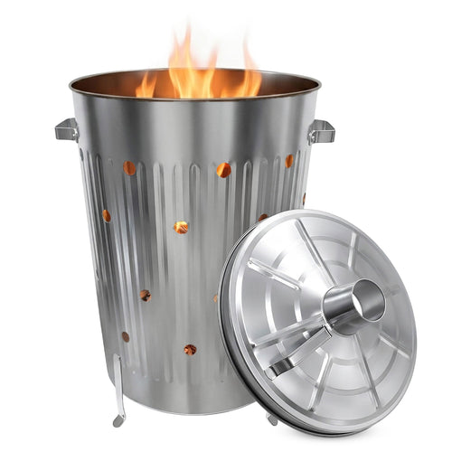 Spetebo Verbrennungstonne 75 l aus verzinktem Metall mit Deckel, silber, drei Standfüsse
