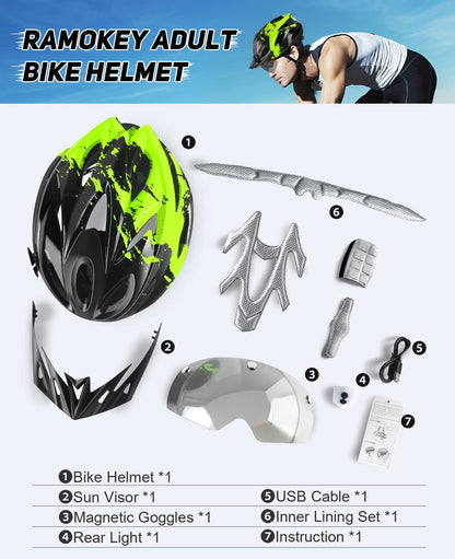 RaMokey Fahrradhelm mit LED-Licht und Magnetvisier, 57-62 cm