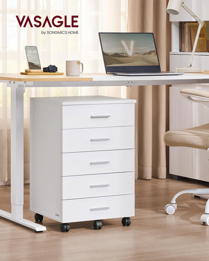 VASAGLE Rollcontainer mit 5 Schubladen, Aktenschrank, wolkenweiss
