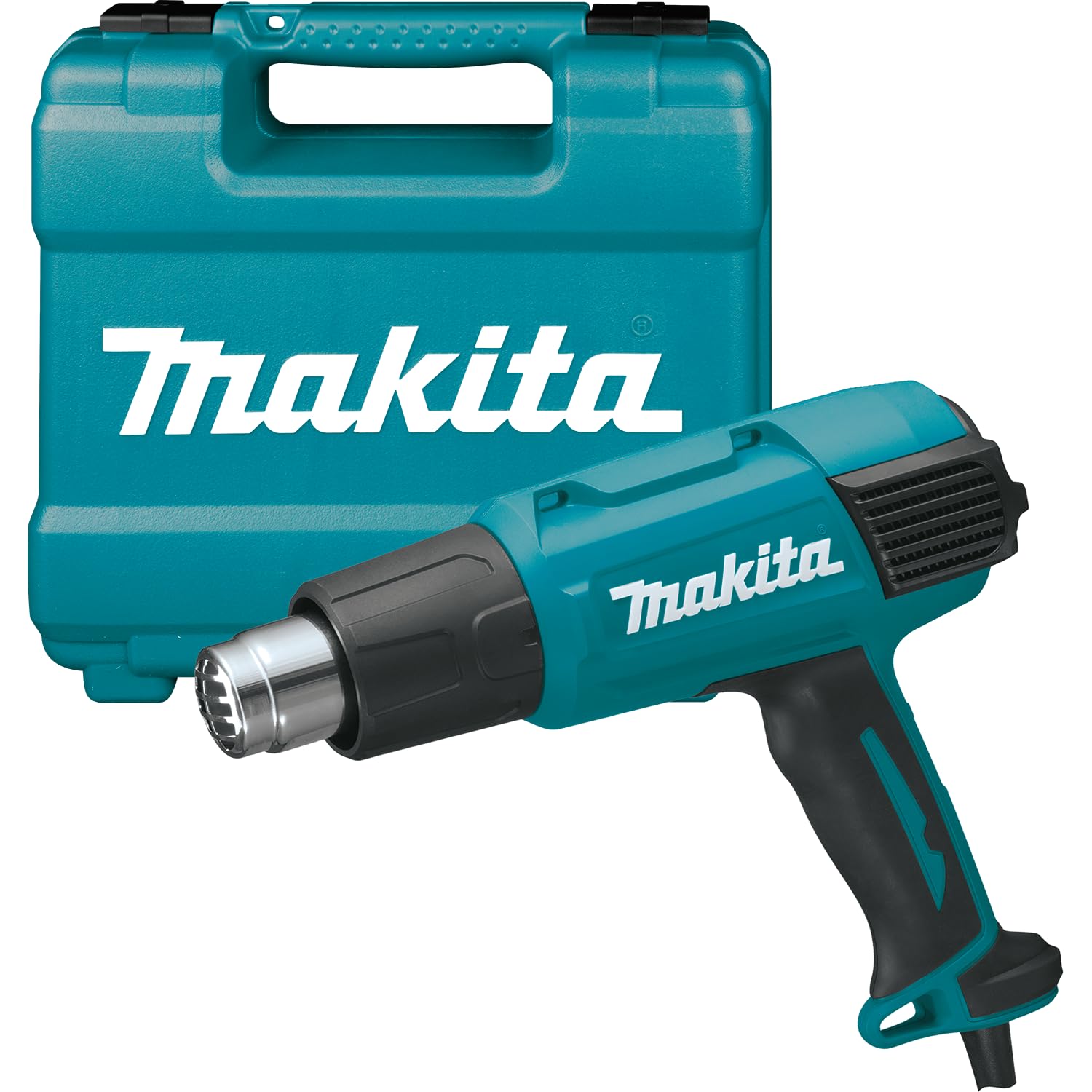 Makita HG6031VK Heissluftgebläse Kit – 1800 Watt, blau-schwarz, pistolenförmig. Erzeugt Heissluft für professionelle Materialbearbeitung.