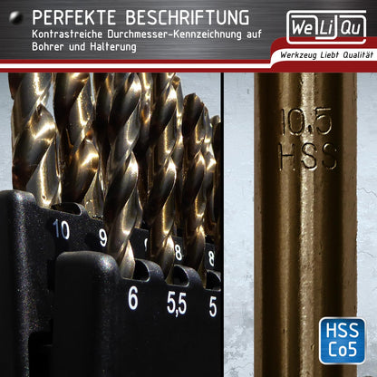WeLiQu Metallbohrer-Set HSS-E Cobalt M35, 19-teilig, 1-10 mm