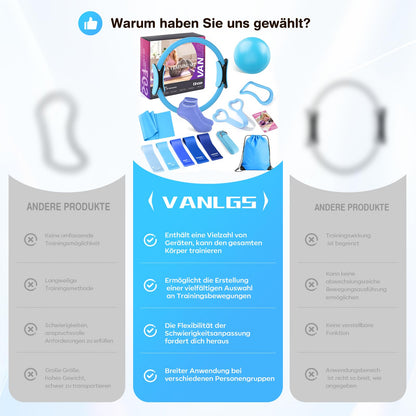 Vanlgs Pilates Set 13-teilig mit Ring, Ball und Widerstandsbändern