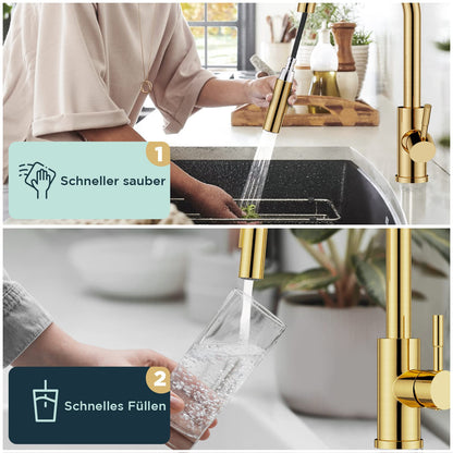 FORIOUS Küchenarmatur Hoher Bogen Ausziehbar – Gebürstetes Gold