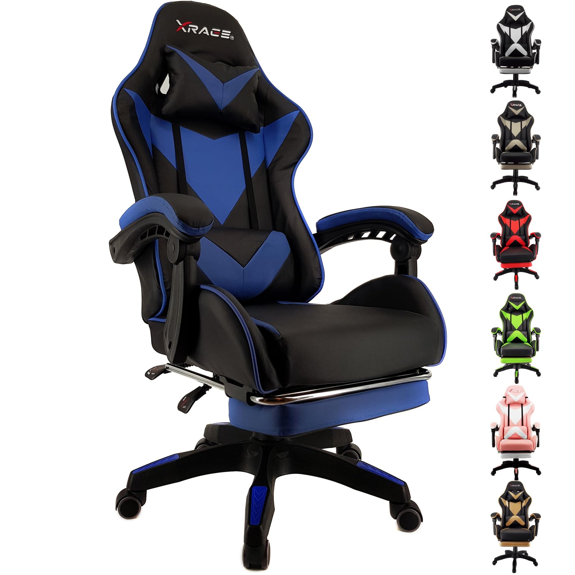 xRace Gaming Stuhl Ergonomischer Lederbürostuhl – Blau. Blauer Leder-Gaming-Stuhl mit ergonomischer Form für komfortables Sitzen beim Gaming und im Büro.